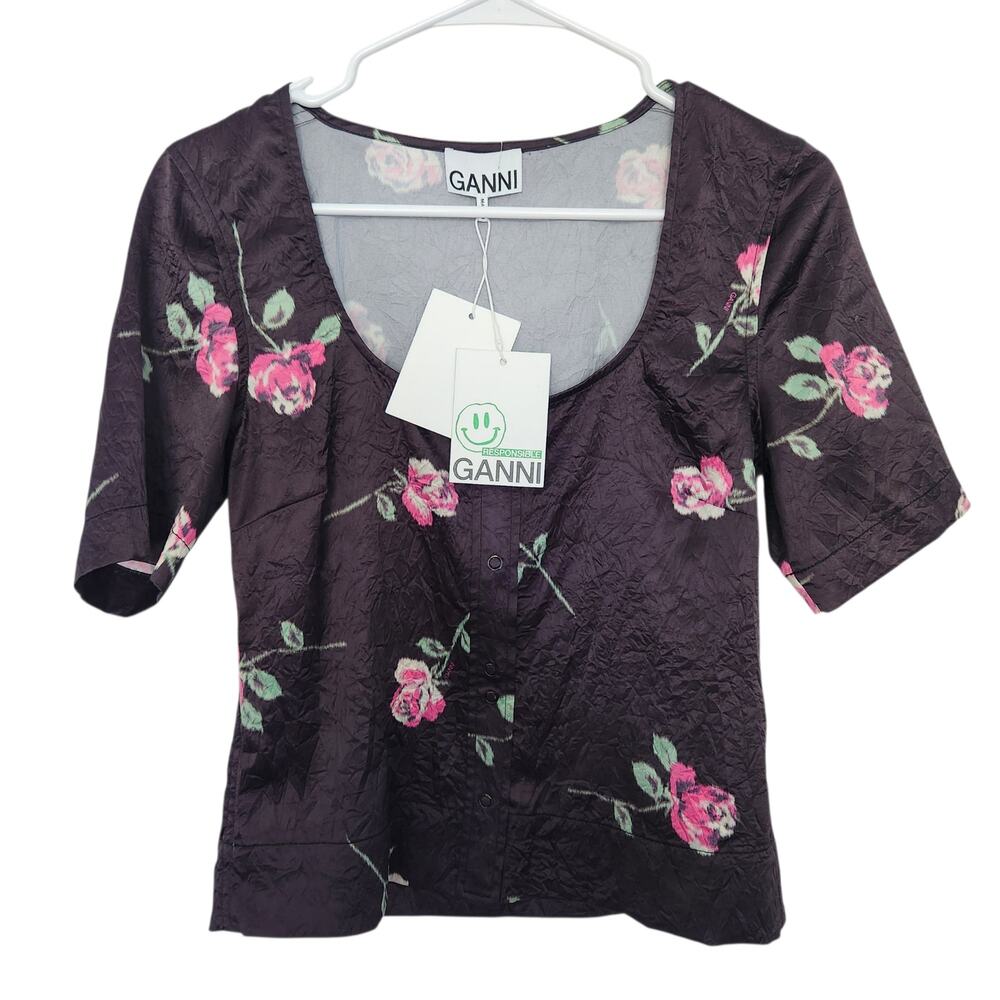 GANNI Floral Crinkled Satin Blouse 36/US4 Grunge Whimsigoth Cottage Retro Y2K
